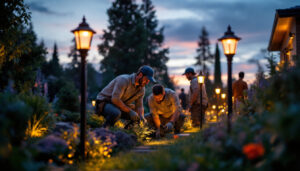 A photograph of a team of professionals collaboratively setting up and adjusting outdoor path lights in a beautifully landscaped garden