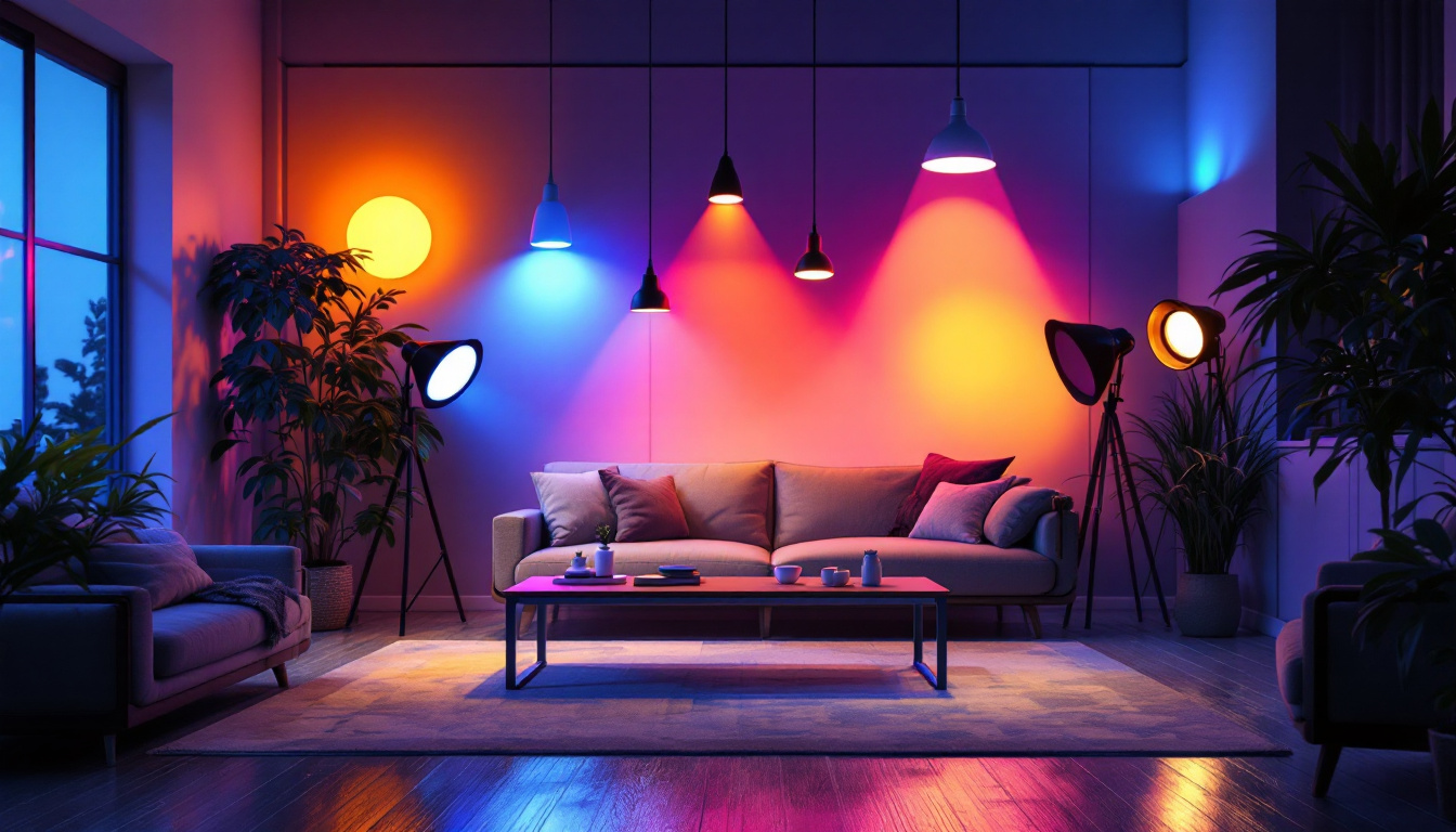 A photograph of a well-lit room showcasing various types of led lights in use