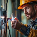 A photograph of a skilled lighting contractor using an electrical wire puller in action