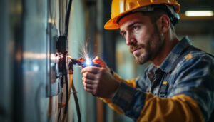 A photograph of a skilled lighting contractor using an electrical wire puller in action