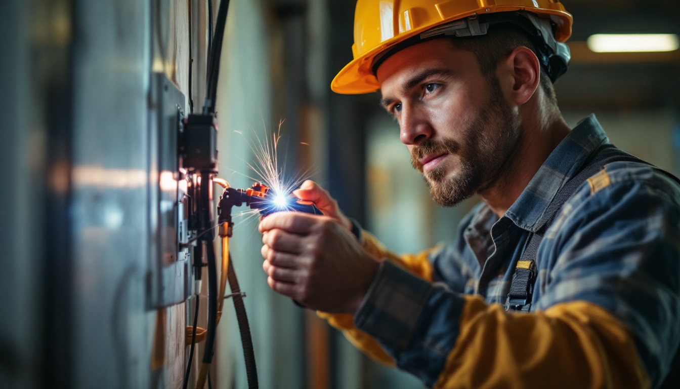 A photograph of a skilled lighting contractor using an electrical wire puller in action