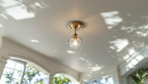 A photograph of a beautifully designed outdoor cathedral ceiling with an elegant ceiling mount light fixture