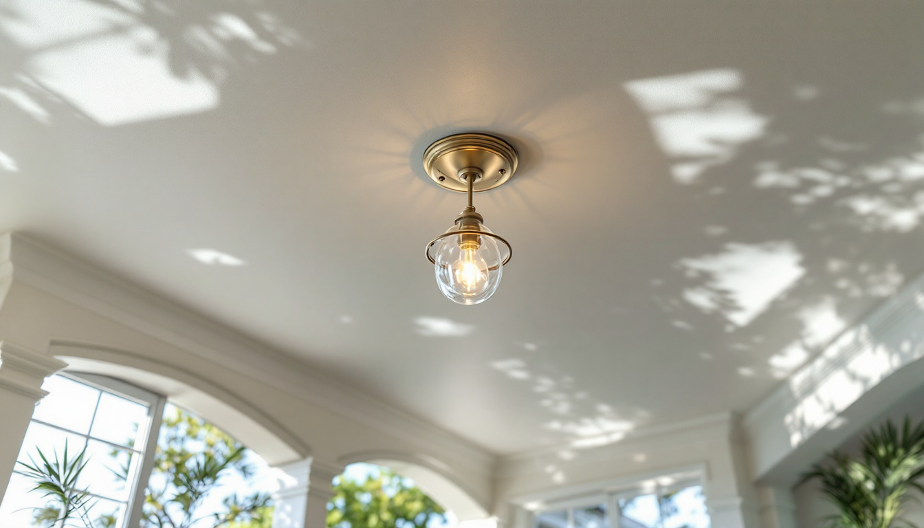 A photograph of a beautifully designed outdoor cathedral ceiling with an elegant ceiling mount light fixture