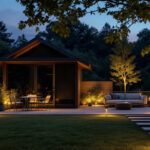 A photograph of a well-lit outdoor space showcasing various solar lighting installations