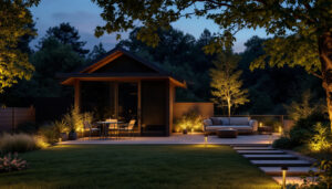 A photograph of a well-lit outdoor space showcasing various solar lighting installations