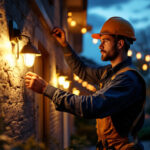 A photograph of a lighting contractor installing or adjusting outdoor floodlights in a residential or commercial setting during dusk