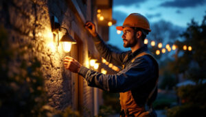 A photograph of a lighting contractor installing or adjusting outdoor floodlights in a residential or commercial setting during dusk