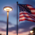 A photograph of a solar flagpole light illuminated at dusk