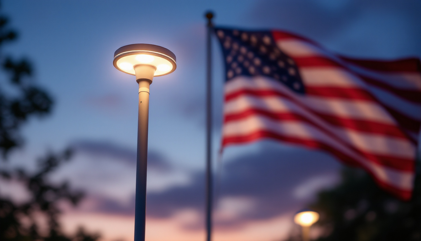 A photograph of a solar flagpole light illuminated at dusk