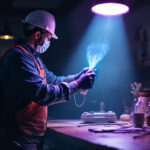 A photograph of a professional lighting contractor demonstrating the use of a uv disinfection lamp in a well-lit indoor space