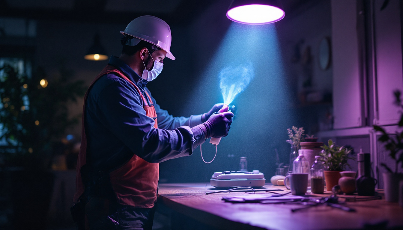 A photograph of a professional lighting contractor demonstrating the use of a uv disinfection lamp in a well-lit indoor space