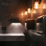 A photograph of a modern commercial restroom featuring sleek hand dryers