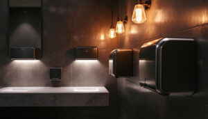 A photograph of a modern commercial restroom featuring sleek hand dryers