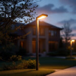 A photograph of a modern driveway light pole illuminated at dusk