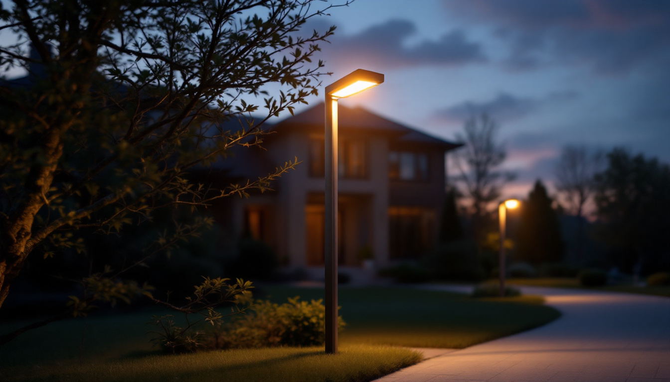 A photograph of a modern driveway light pole illuminated at dusk