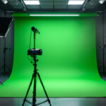 A photograph of a well-lit green screen setup in a studio