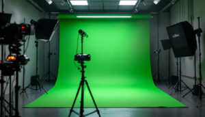 A photograph of a well-lit green screen setup in a studio