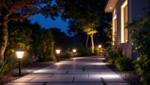 A photograph of a beautifully illuminated outdoor space showcasing the brightest solar lights in action