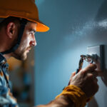 A photograph of a skilled lighting contractor demonstrating the installation of a 3-way switch in a well-lit residential setting