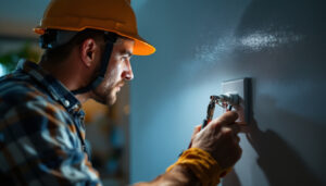 A photograph of a skilled lighting contractor demonstrating the installation of a 3-way switch in a well-lit residential setting