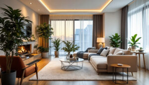 A photograph of a beautifully lit room showcasing the transformation before and after replacing recessed lighting