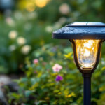 A photograph of a close-up of a solar garden light in a garden setting