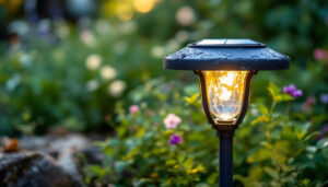 A photograph of a close-up of a solar garden light in a garden setting