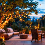 A photograph of a beautifully lit outdoor patio adorned with string lights