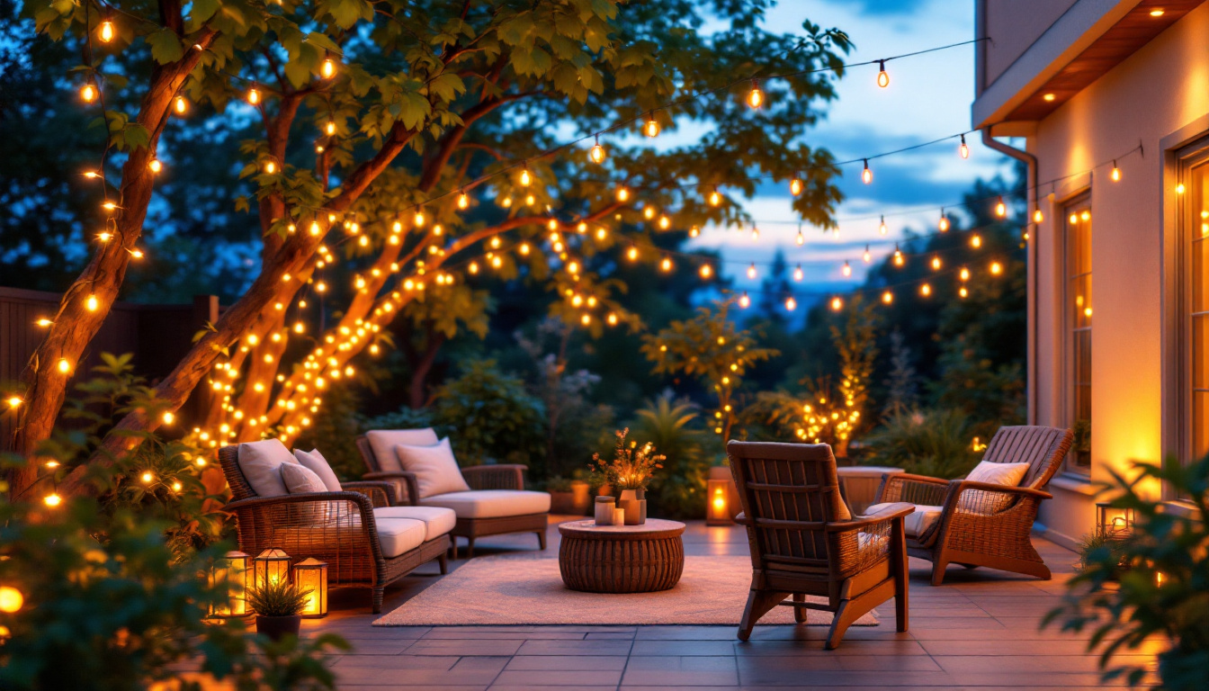 A photograph of a beautifully lit outdoor patio adorned with string lights