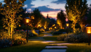 A photograph of a beautifully illuminated garden or pathway featuring solar landscape lights in various settings