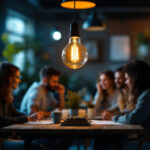 A photograph of a vintage-style light bulb glowing warmly in a dimly lit workspace
