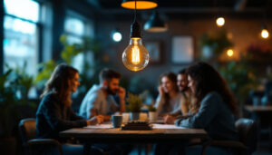 A photograph of a vintage-style light bulb glowing warmly in a dimly lit workspace