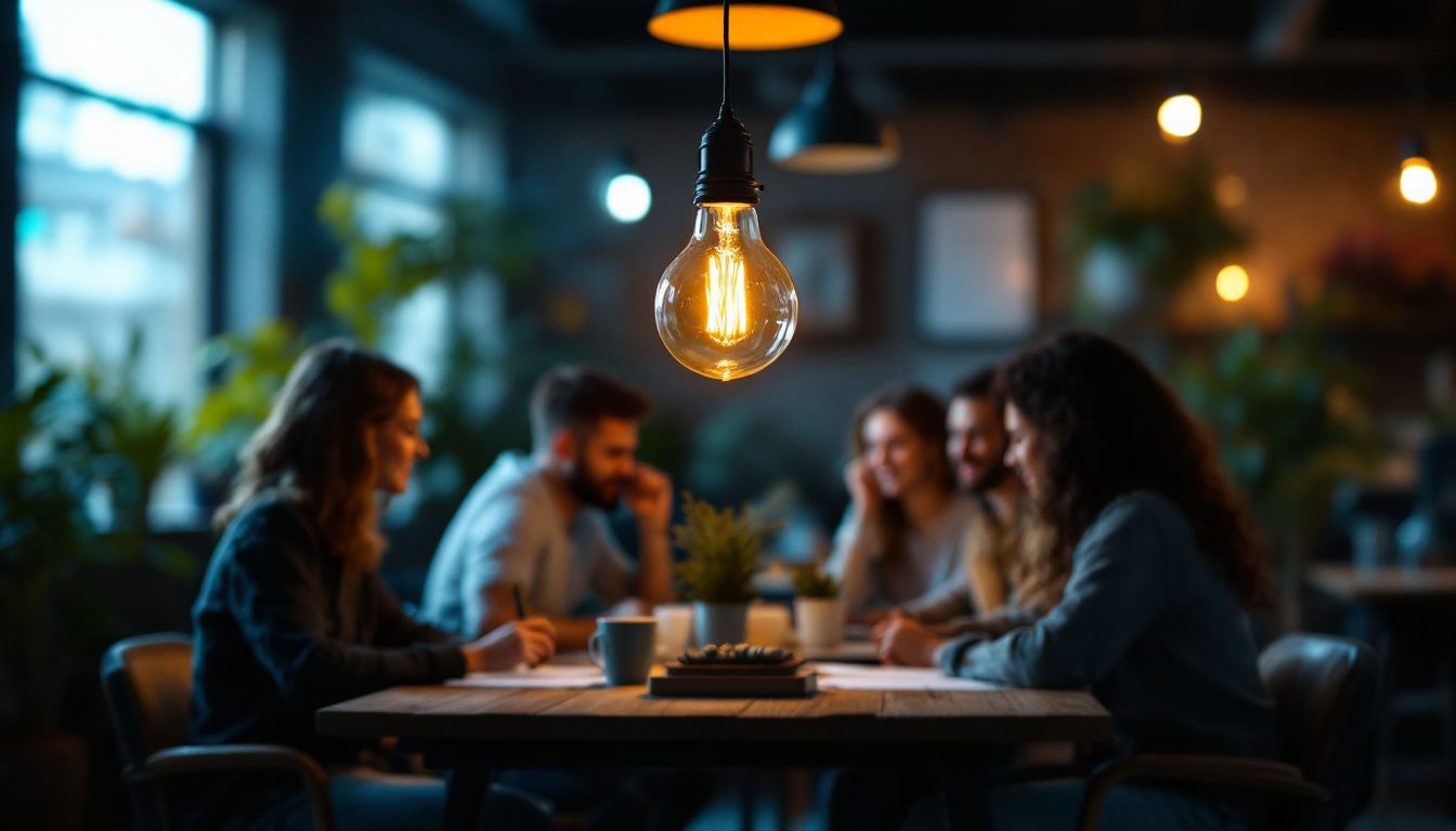 A photograph of a vintage-style light bulb glowing warmly in a dimly lit workspace