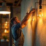 A photograph of a skilled lighting contractor at work