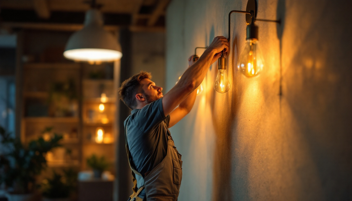A photograph of a skilled lighting contractor at work