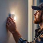 A photograph of a lighting contractor installing a motion detection switch in a residential setting
