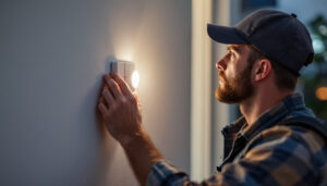 A photograph of a lighting contractor installing a motion detection switch in a residential setting