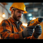A photograph of a skilled lighting contractor using an electric wire puller in action
