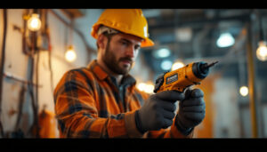 A photograph of a skilled lighting contractor using an electric wire puller in action