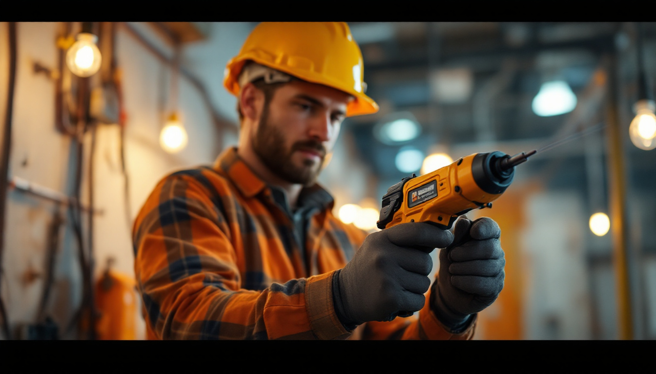 A photograph of a skilled lighting contractor using an electric wire puller in action