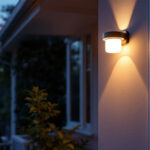 A photograph of a beautifully designed flush mount porch light illuminating a welcoming entrance