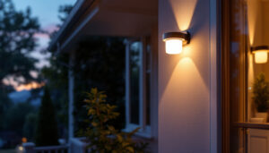 A photograph of a beautifully designed flush mount porch light illuminating a welcoming entrance