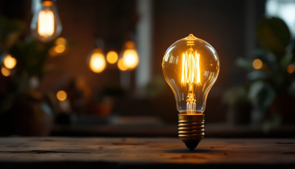 A photograph of a vintage antique light bulb illuminated in a stylish setting