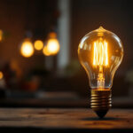 A photograph of a vintage antique light bulb illuminated in a stylish setting