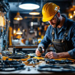 A photograph of a skilled electrician using a variety of commercial electric tools