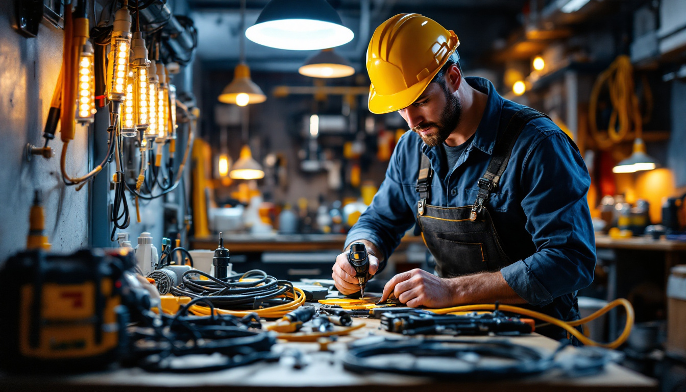 A photograph of a skilled electrician using a variety of commercial electric tools