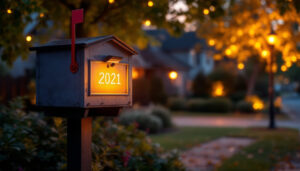 A photograph of a beautifully illuminated mailbox at dusk
