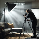 A photograph of a lighting contractor skillfully adjusting a dramatic black and white lighting setup in a stylish interior space