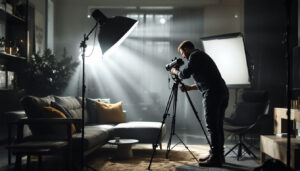 A photograph of a lighting contractor skillfully adjusting a dramatic black and white lighting setup in a stylish interior space