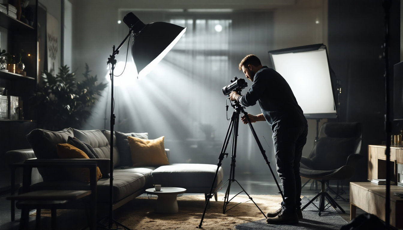 A photograph of a lighting contractor skillfully adjusting a dramatic black and white lighting setup in a stylish interior space